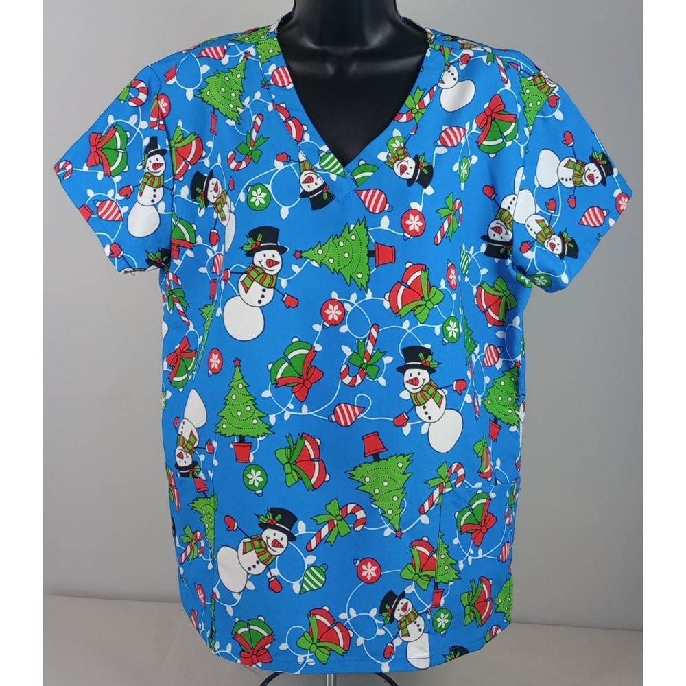 Serene Uniforms Women's L Blue Christmas Snowman Tree Short Sleeve Scrub Top